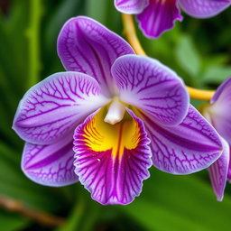 A stunning close-up of a vibrant flower, specifically a delicate and exotic-looking orchid, its petals adorned with intricate patterns in shades of deep purple and soft lavender