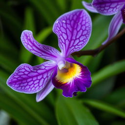 A stunning close-up of a vibrant flower, specifically a delicate and exotic-looking orchid, its petals adorned with intricate patterns in shades of deep purple and soft lavender