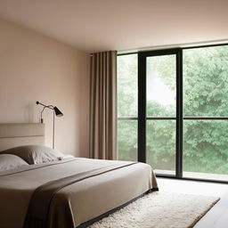 A well-lit modern bedroom with sleek minimalist furniture, floor-to-ceiling windows, and a neutral color scheme