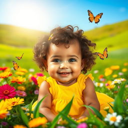 A cute baby girl with big sparkling eyes and a joyful smile, sitting in a lush green park surrounded by colorful flowers