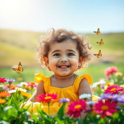 A cute baby girl with big sparkling eyes and a joyful smile, sitting in a lush green park surrounded by colorful flowers