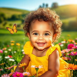 A cute baby girl with big sparkling eyes and a joyful smile, sitting in a lush green park surrounded by colorful flowers