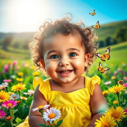 A cute baby girl with big sparkling eyes and a joyful smile, sitting in a lush green park surrounded by colorful flowers