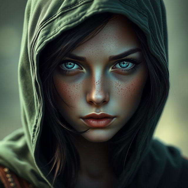 A striking portrait of a half-elf woman with soft, delicate features that convey both beauty and danger