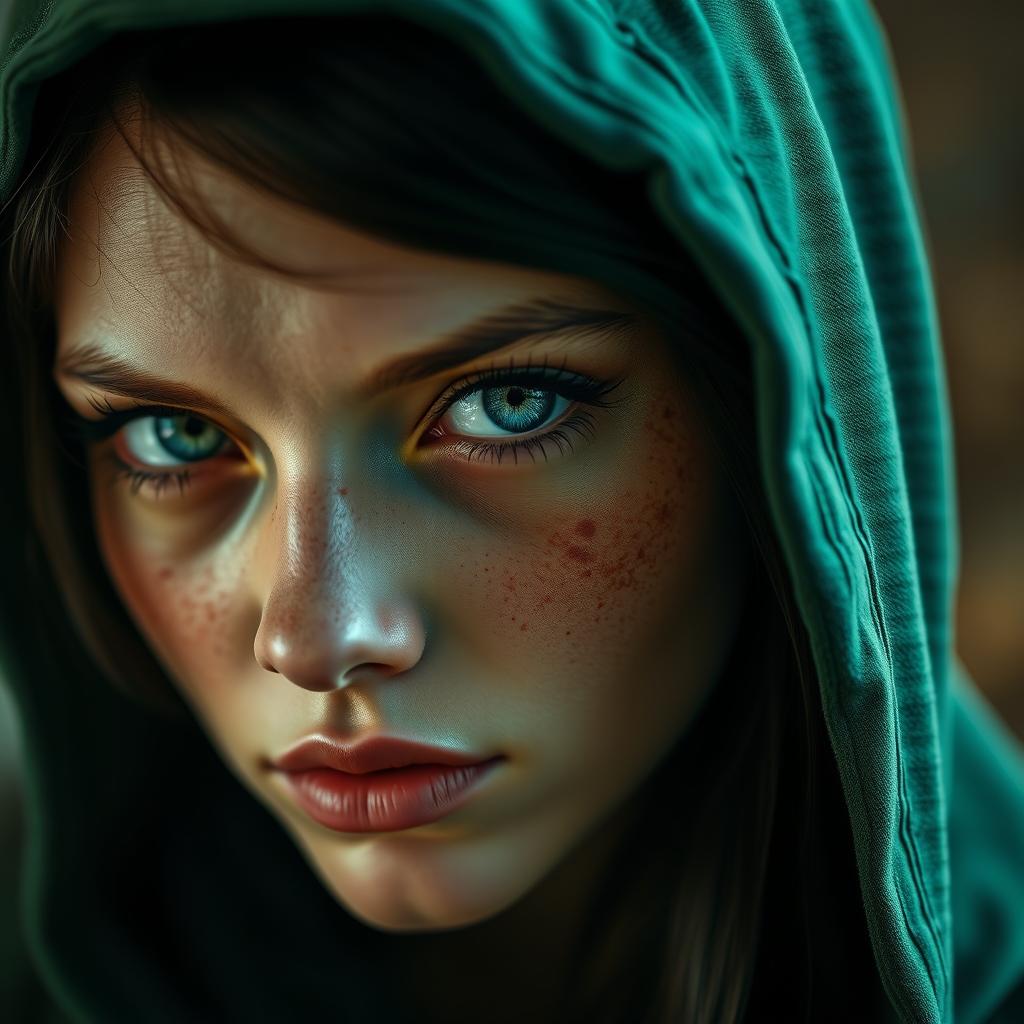 A striking portrait of a half-elf woman with soft, delicate features that convey both beauty and danger