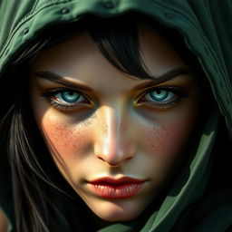 A striking portrait of a half-elf woman with soft, delicate features that convey both beauty and danger