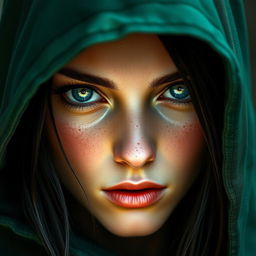 A striking portrait of a half-elf woman with soft, delicate features that convey both beauty and danger