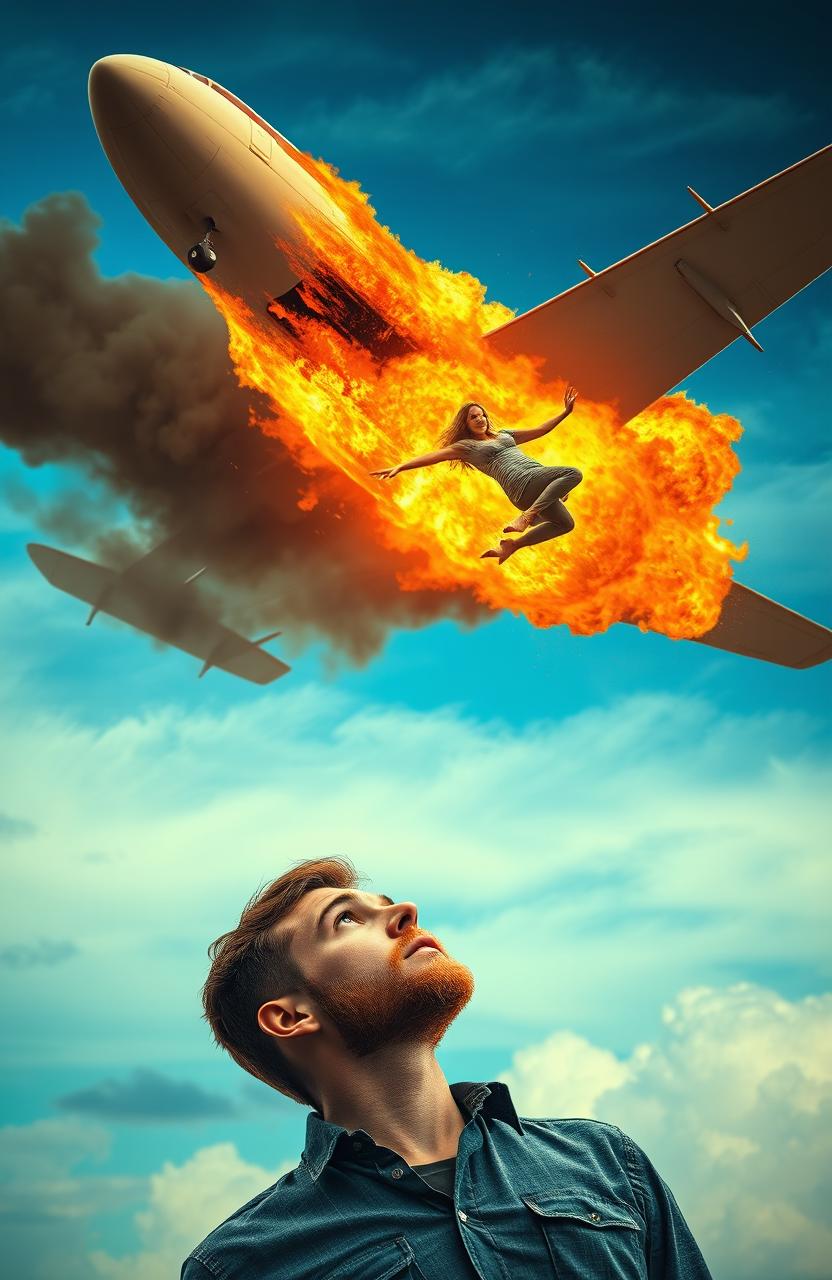 A young man with a light beard looking up in shock as a pregnant woman falls from a burning airplane