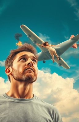 A young man with a light beard looking up in shock as a pregnant woman falls from a burning airplane