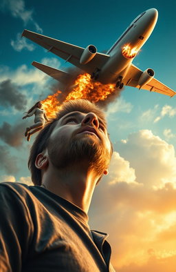 A young man with a light beard looking up in shock as a pregnant woman falls from a burning airplane