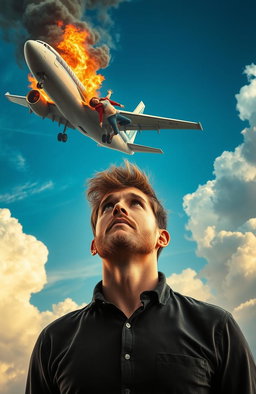 A young man with a light beard looking up in shock as a pregnant woman falls from a burning airplane