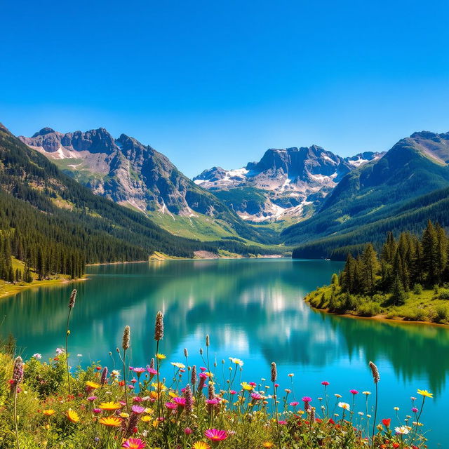 A beautiful landscape featuring a serene lake surrounded by majestic mountains under a clear blue sky, reflecting the vibrant colors of nature