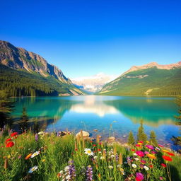 A beautiful landscape featuring a serene lake surrounded by majestic mountains under a clear blue sky, reflecting the vibrant colors of nature