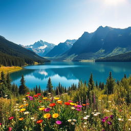 A beautiful landscape featuring a serene lake surrounded by majestic mountains under a clear blue sky, reflecting the vibrant colors of nature