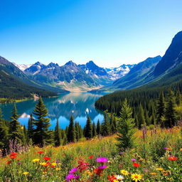 A beautiful landscape featuring a serene lake surrounded by majestic mountains under a clear blue sky, reflecting the vibrant colors of nature