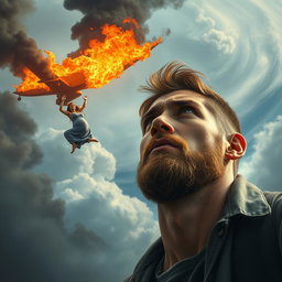 A young man with a light beard, looking worried as he gazes upward, witnessing a pregnant woman falling from a burning airplane