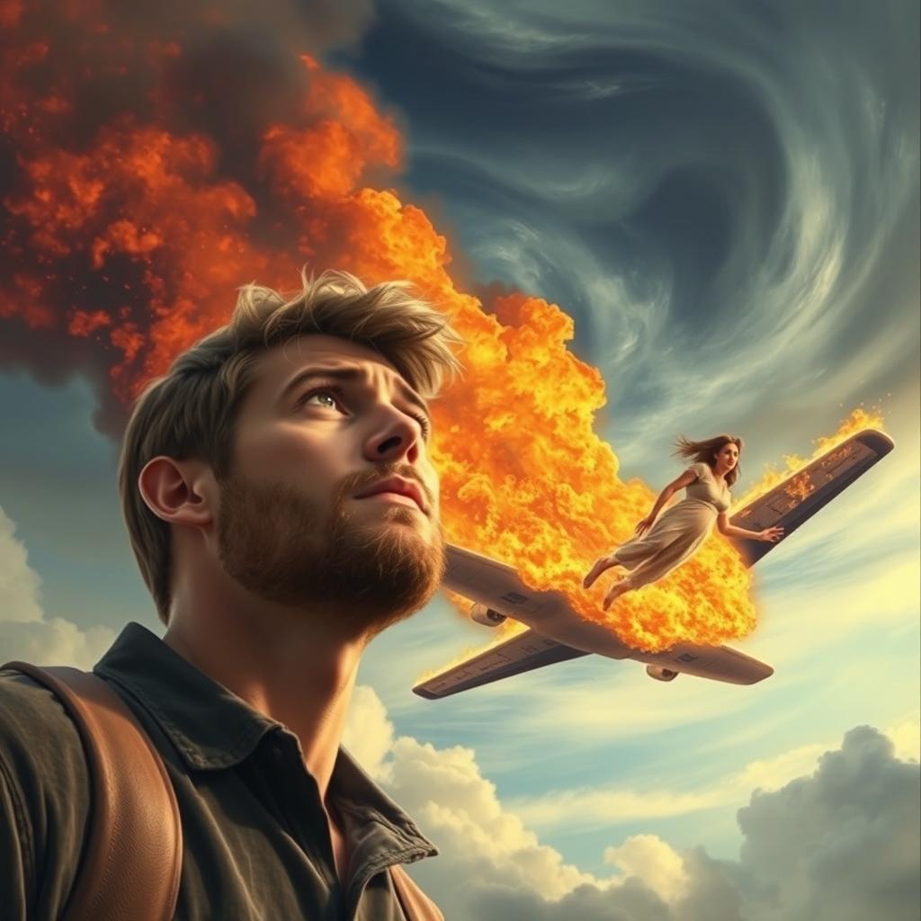 A young man with a light beard, looking worried as he gazes upward, witnessing a pregnant woman falling from a burning airplane