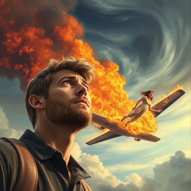 A young man with a light beard, looking worried as he gazes upward, witnessing a pregnant woman falling from a burning airplane