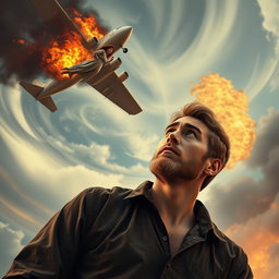 A young man with a light beard, looking worried as he gazes upward, witnessing a pregnant woman falling from a burning airplane
