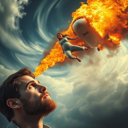 A young man with a light beard, looking worried as he gazes upward, witnessing a pregnant woman falling from a burning airplane