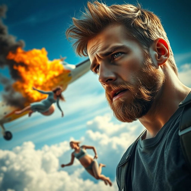 A young man with a light beard, looking worriedly at a pregnant woman as she falls from a burning airplane