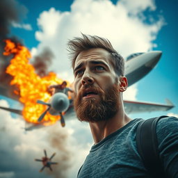A young man with a light beard, looking worriedly at a pregnant woman as she falls from a burning airplane
