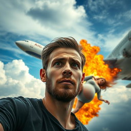 A young man with a light beard, looking worriedly at a pregnant woman as she falls from a burning airplane