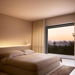 A well-lit modern bedroom with sleek minimalist furniture, floor-to-ceiling windows, and a neutral color scheme