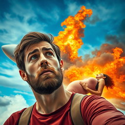 A young man with a light beard, looking worriedly at a pregnant woman as she falls from a burning airplane