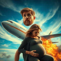 A young man with a light beard, looking worriedly at a pregnant woman as she falls from a burning airplane