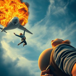 A young man with a light beard, looking worriedly at a pregnant woman as she falls from a burning airplane