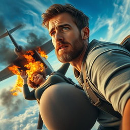 A young man with a light beard, looking worriedly at a pregnant woman as she falls from a burning airplane