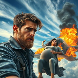 A young man with a light beard, looking worriedly at a pregnant woman as she falls from a burning airplane