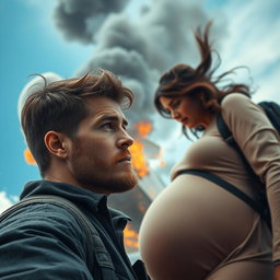 A young man with a light beard, looking worriedly at a pregnant woman as she falls from a burning airplane