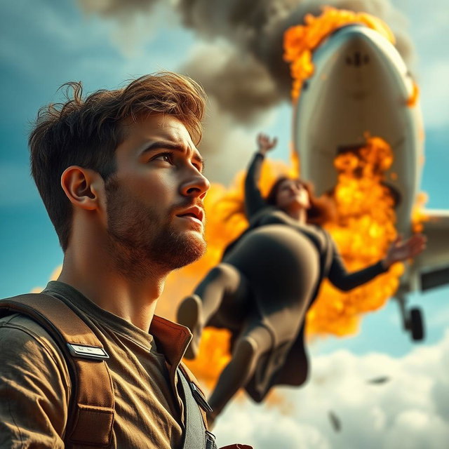 A young man with a light beard, looking worriedly at a pregnant woman as she falls from a burning airplane