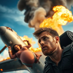 A young man with a light beard, looking worriedly at a pregnant woman as she falls from a burning airplane