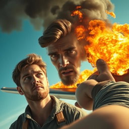 A young man with a light beard, looking worriedly at a pregnant woman as she falls from a burning airplane