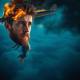 A young man with a light beard, showing a concerned expression as he looks towards a pregnant woman who is falling from a burning airplane
