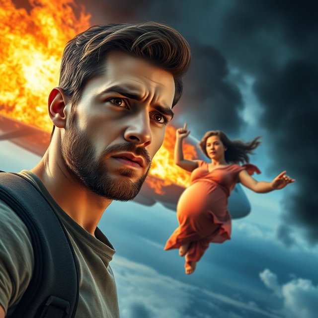 A young man with a light beard, showing a concerned expression as he looks towards a pregnant woman who is falling from a burning airplane