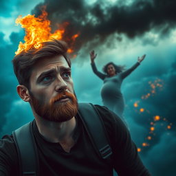 A young man with a light beard, showing a concerned expression as he looks towards a pregnant woman who is falling from a burning airplane