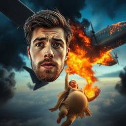 A young man with a light beard, showing a concerned expression as he looks towards a pregnant woman who is falling from a burning airplane