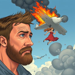 A young man with a light beard, showing a worried expression as he gazes at a pregnant woman falling from a burning airplane