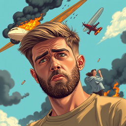 A young man with a light beard, showing a worried expression as he gazes at a pregnant woman falling from a burning airplane