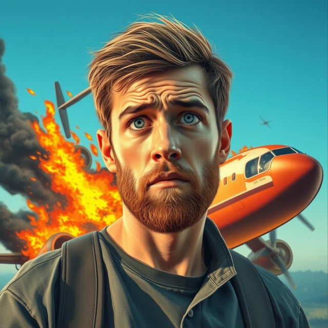 A young man with a light beard, showing a worried expression as he gazes at a pregnant woman falling from a burning airplane