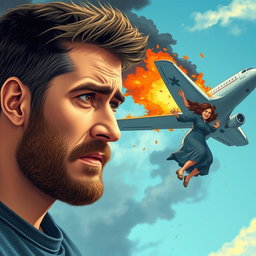 A young man with a light beard, showing a worried expression as he gazes at a pregnant woman falling from a burning airplane