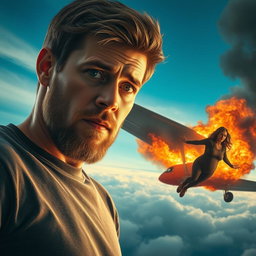 A young man with a light beard, looking worried as he gazes at a pregnant woman who is falling from a burning airplane