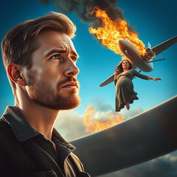 A young man with a light beard, looking worried as he gazes at a pregnant woman who is falling from a burning airplane