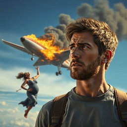 A young man with a light beard, looking worried as he gazes at a pregnant woman who is falling from a burning airplane