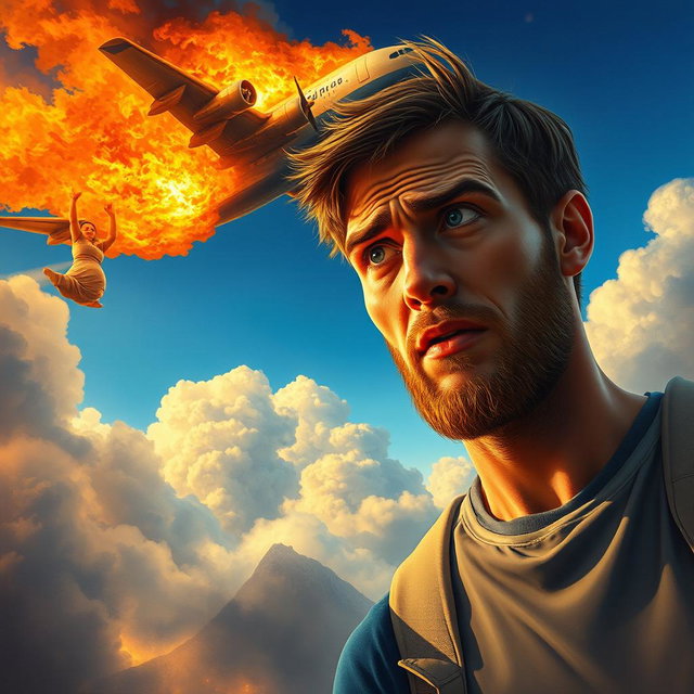 A young man with a light beard, looking worried as he gazes at a pregnant woman who is falling from a burning airplane