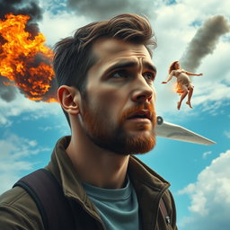 A hyper-realistic depiction of a young man with a light beard, displaying a worried expression as he watches a pregnant woman falling from a burning airplane